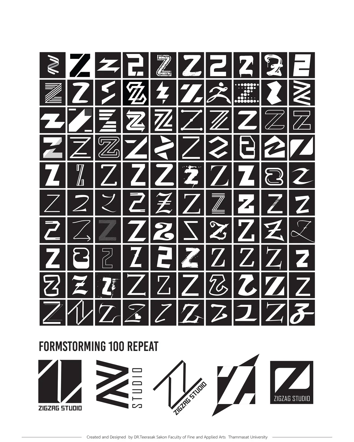 Formstorming Z 100 Repeat — a hundred variations of a single letterform, drawn as a study in constraint.