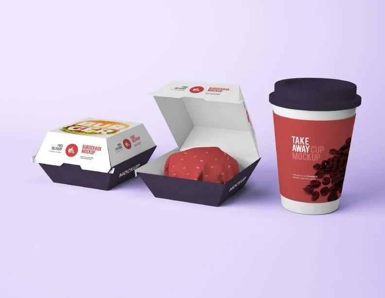 Takeaway set — box, tray and cup carrying one identity across three substrates.